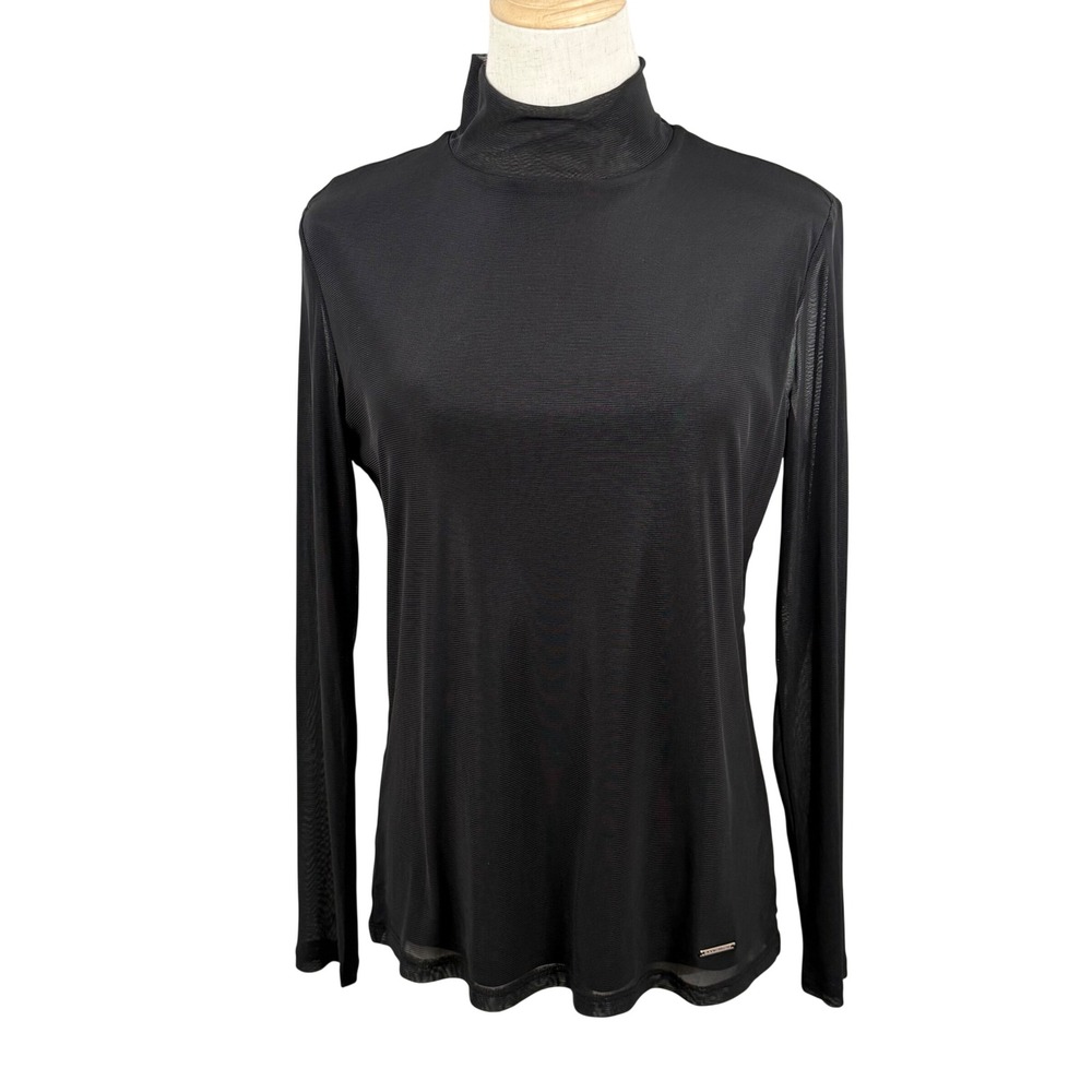 Anne Klein S Mesh Mock Neck Top Black LS Sheer Zipper Goth Dark Academia 90s EUC